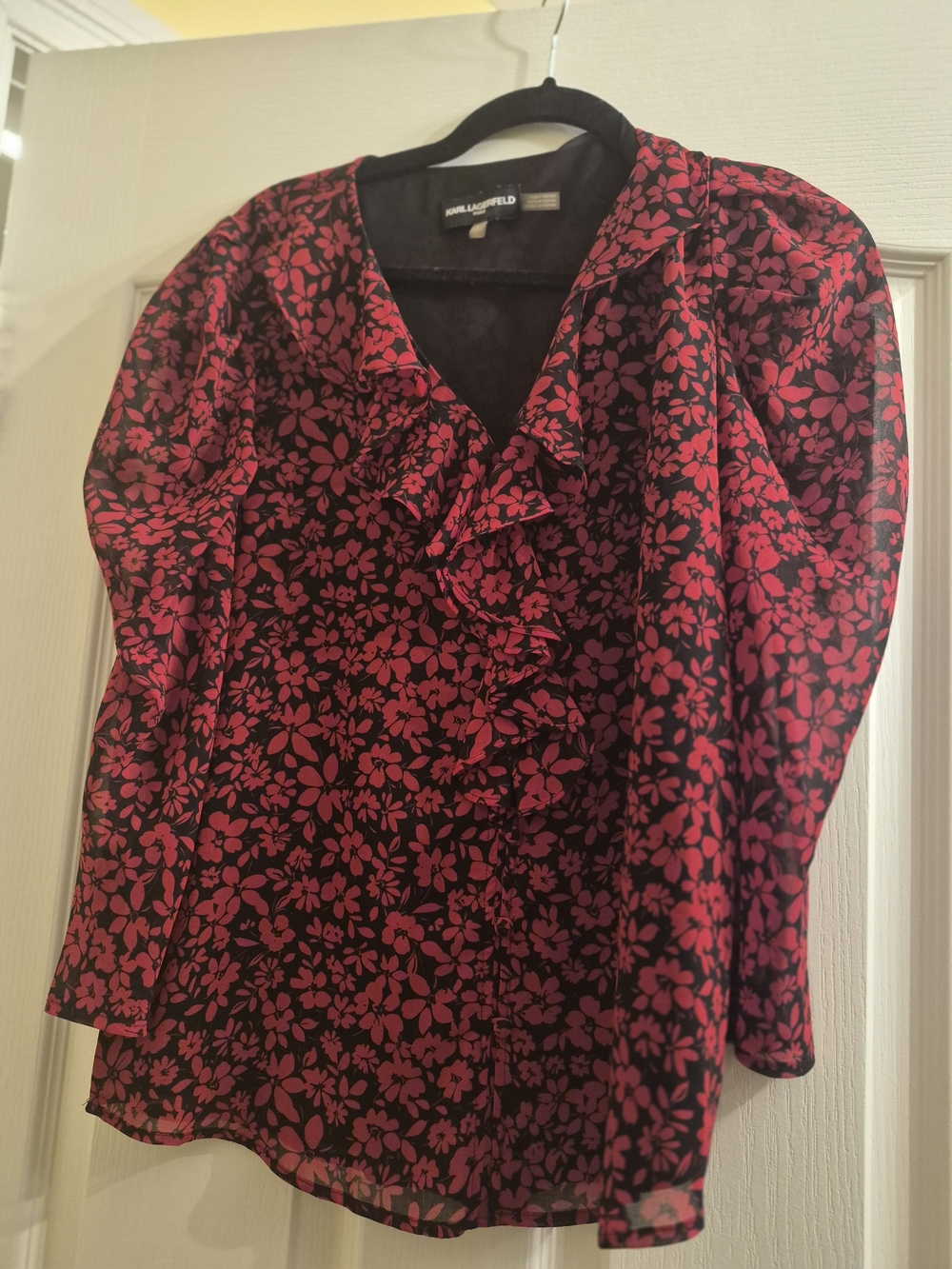 Karl Lagerfeld Black Blouse with Pink Floral Ruffle Front